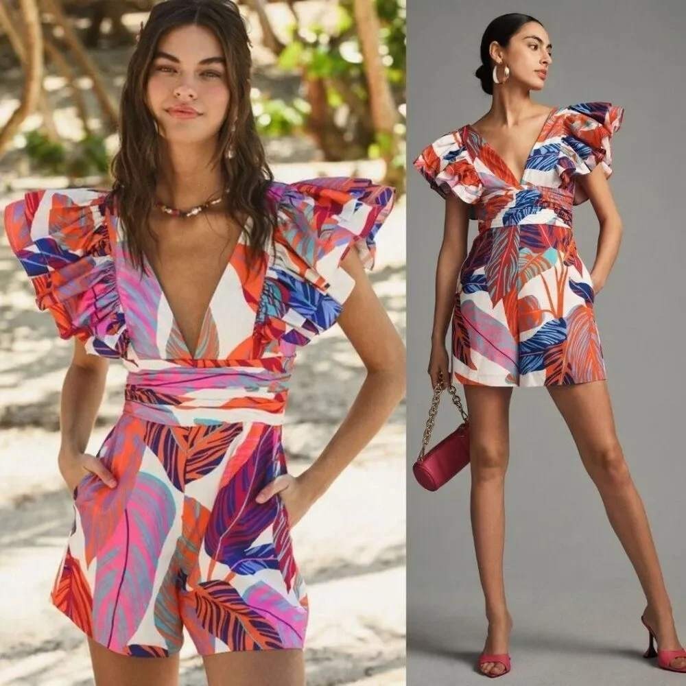 Anthropologie Hutch Printed Ruffle Sleeve Harbor Romper Tropical V Neck Size 2